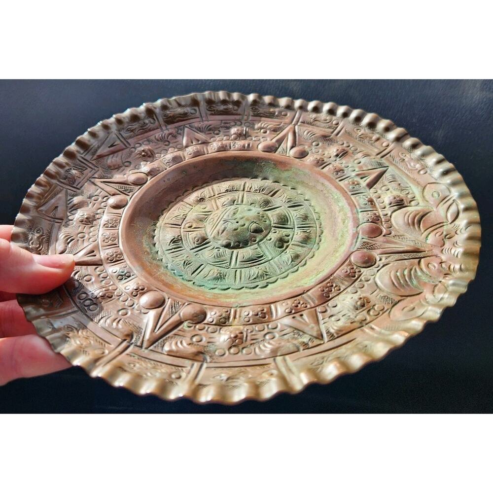Vintage Hand Hammered w PATINA Copper wall hanging art Aztec Primitive 8"
